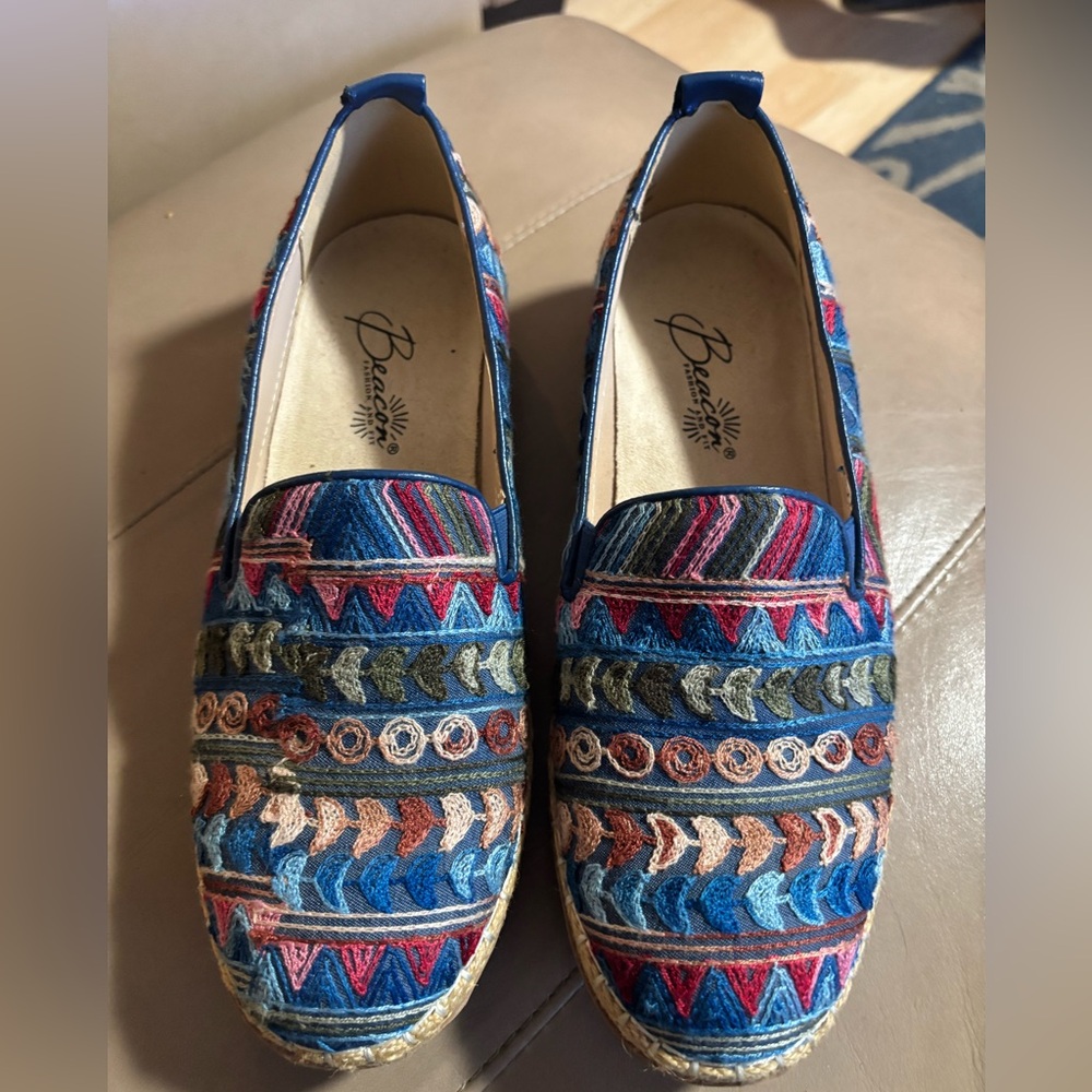 Beacon Blue Multi Embroidered Slip-On Espadrille Loafers - Women